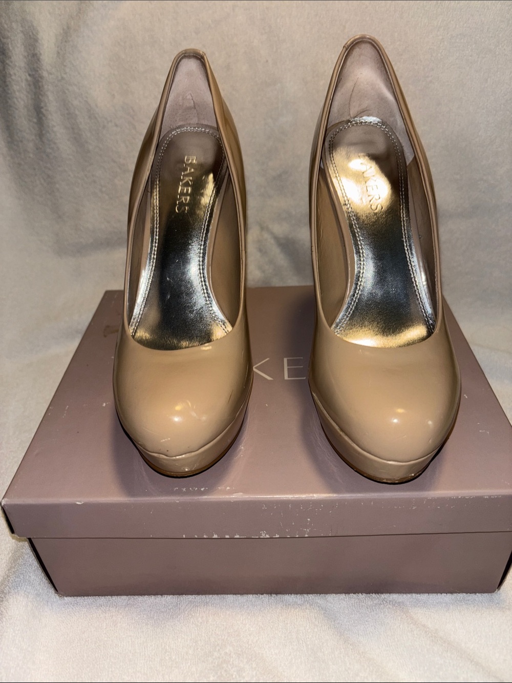 Bakers Patent Taupe Platform Pumps